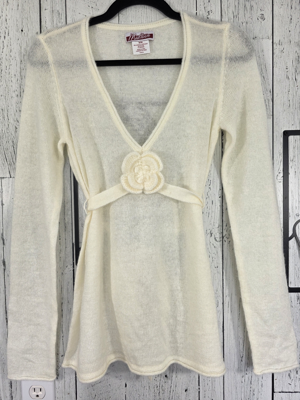 Vintage Midtown Y2K Ivory Mohair Blend Flower Detail Sweater Top Size M Fall